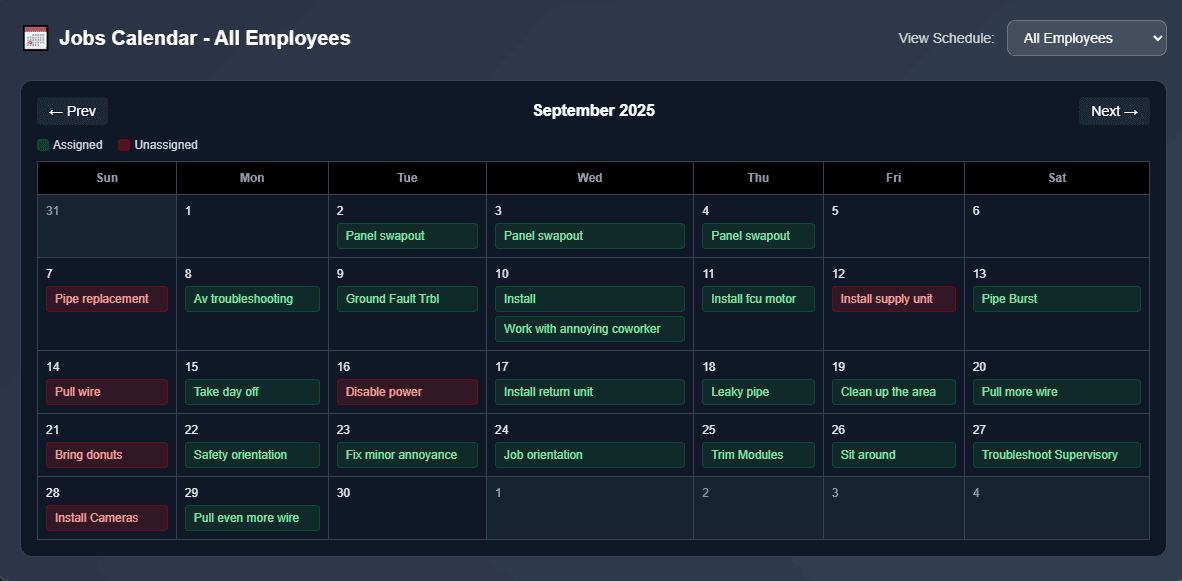 Construction crew scheduling calendar